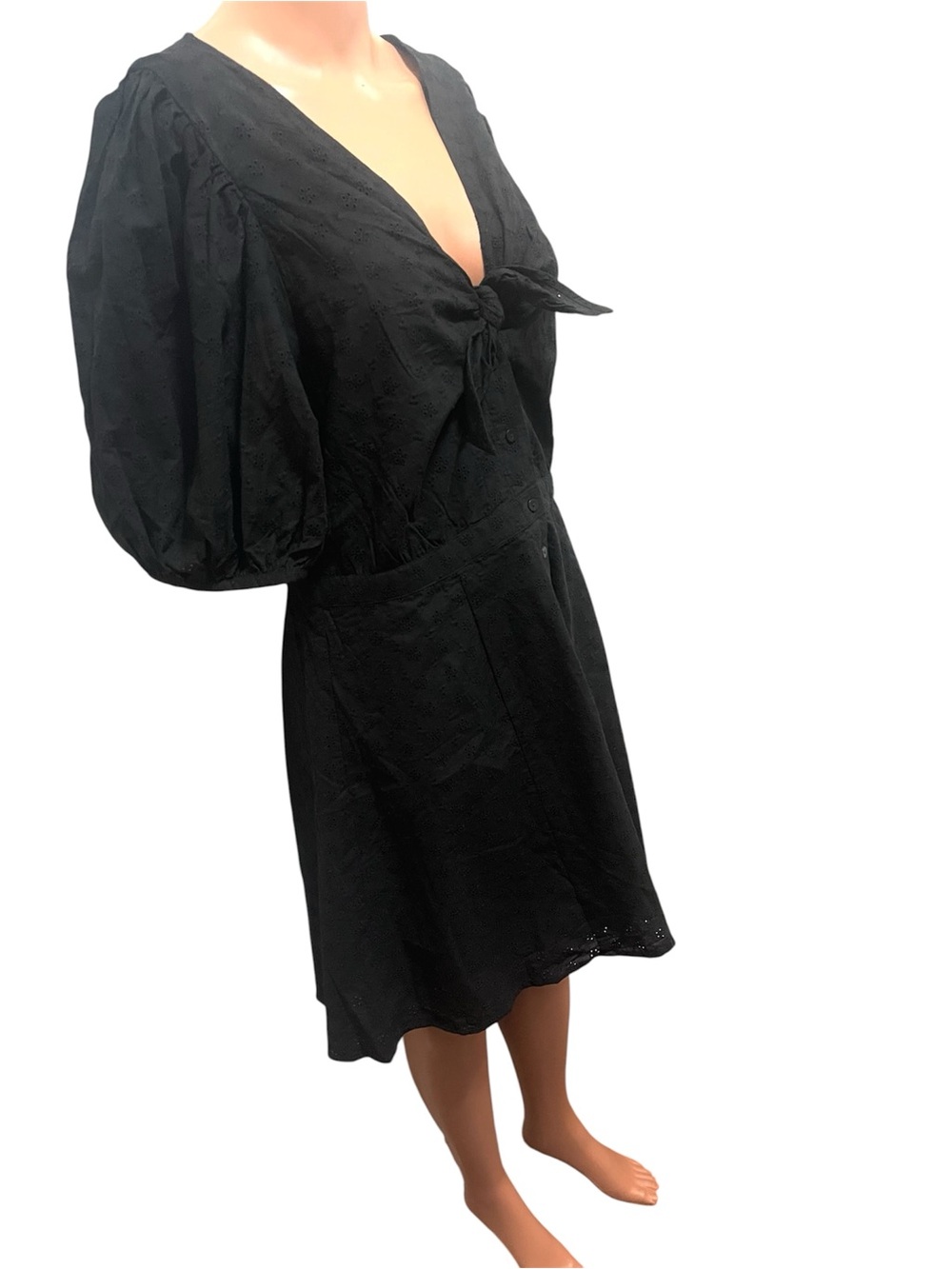 H&M BUTTON DOWN EYELET BLACK DRESS TIE-FRONT PUFF-SHORT SLEEVE WOMENS SIZE 12